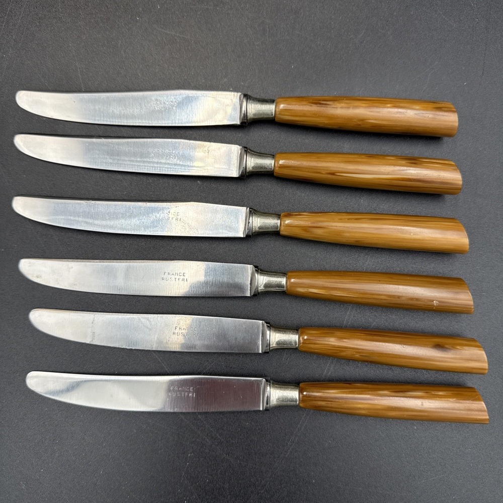 Vintage Butterscotch Bakelite  Butter Knives. Set Of 6 Marked "France Rustfri"